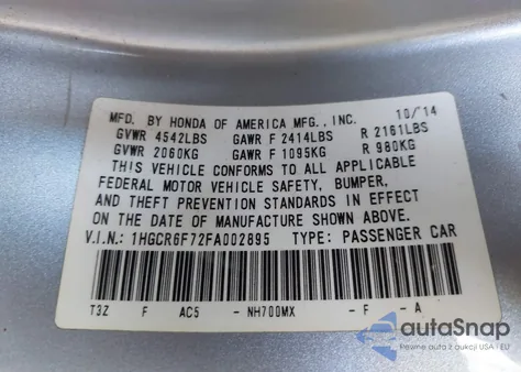 2015 Honda Accord Hybrid Touring from USA, damaged, VIN 1HGCR6F72FA002895